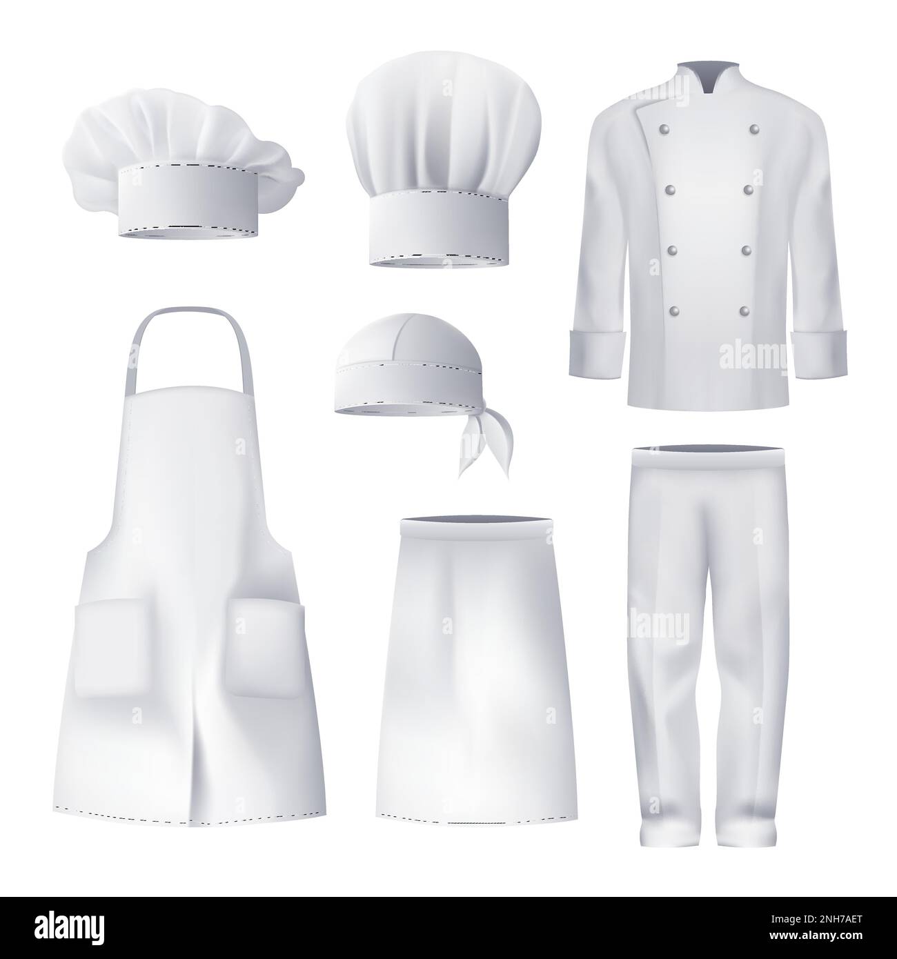 Realistisches weißes Modell kulinarischer Arbeitskleidung, einschließlich Kopfschürze Jacke Hose isolierte Vektordarstellung Stock Vektor