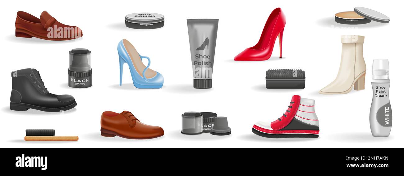Realistisches Set von Schuhpflegeprodukten Werkzeuge und verschiedene Arten von männlichen und weiblichen Schuhen isolierte Vektordarstellung Stock Vektor