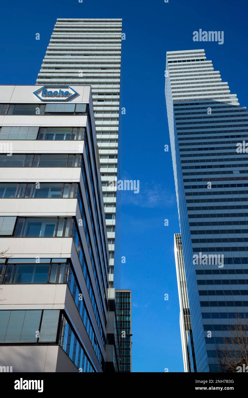 Gebäude der Roche Pharma (Schweiz) AG in Basel, Schweiz. Design von Herzog & de Meuron Architekten befindet sich im Solitudepark am Rhein in Bas Stockfoto