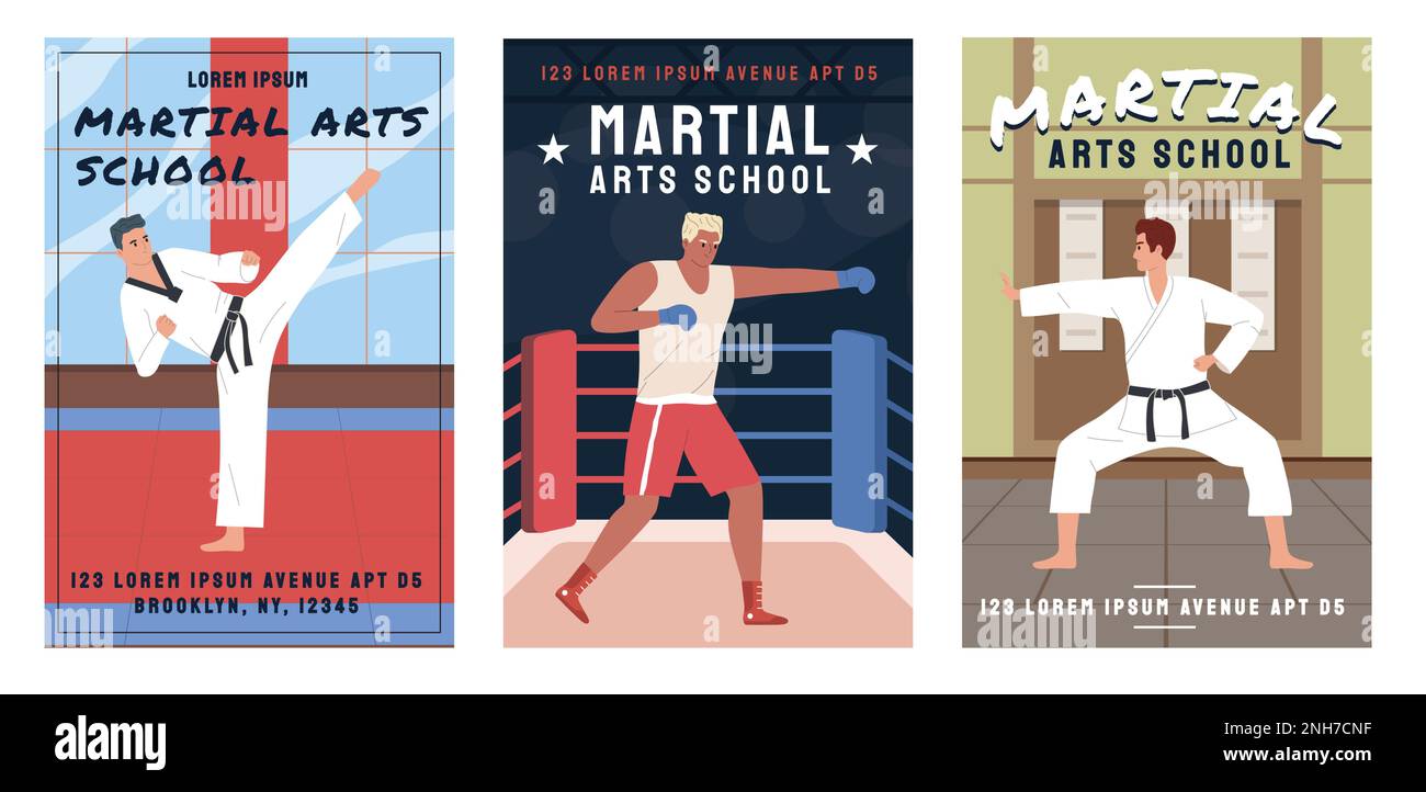 Boxer-Flachkarten mit Poster der Kampfsportschule isolierte Vektorbilder Stock Vektor