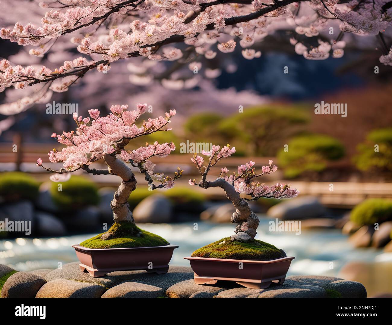 Fuji-Berg und Bonsai-Kirschblüten im Frühling, farbenfrohe Frühlingssaison  und Berg-Fuji mit Morgennebel und roten Blättern am Kawaguchiko-See  Stockfotografie - Alamy