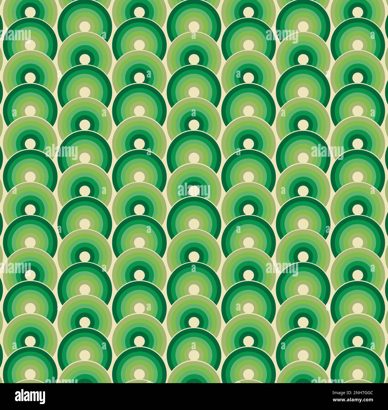 Retro Modern - Stil der 70s Jahre - Grüne Kreise auf cremefarbenem Muster Stockfoto
