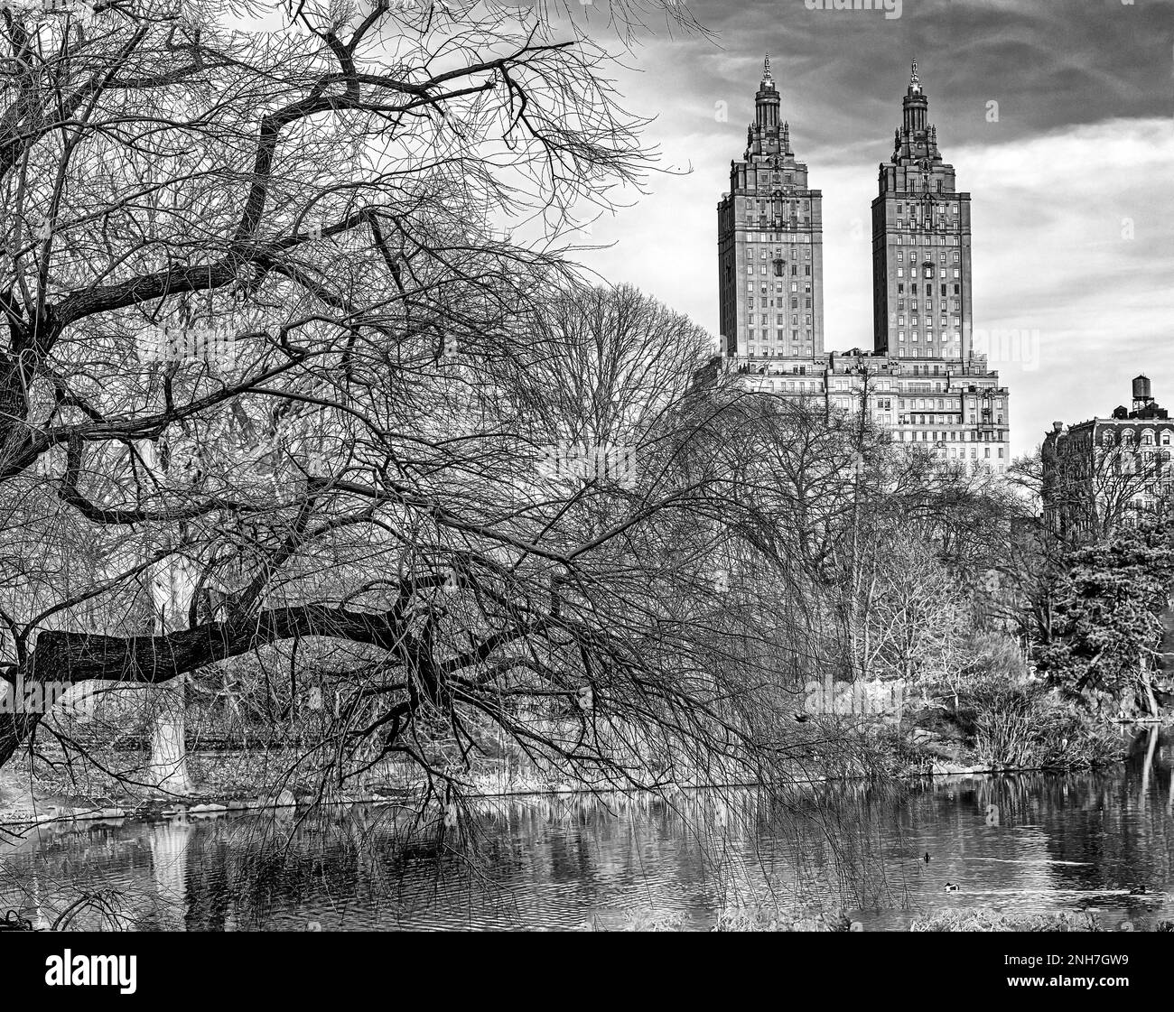 Central Park im Winter, schwarz und weiß mit Blick auf den See Stockfoto