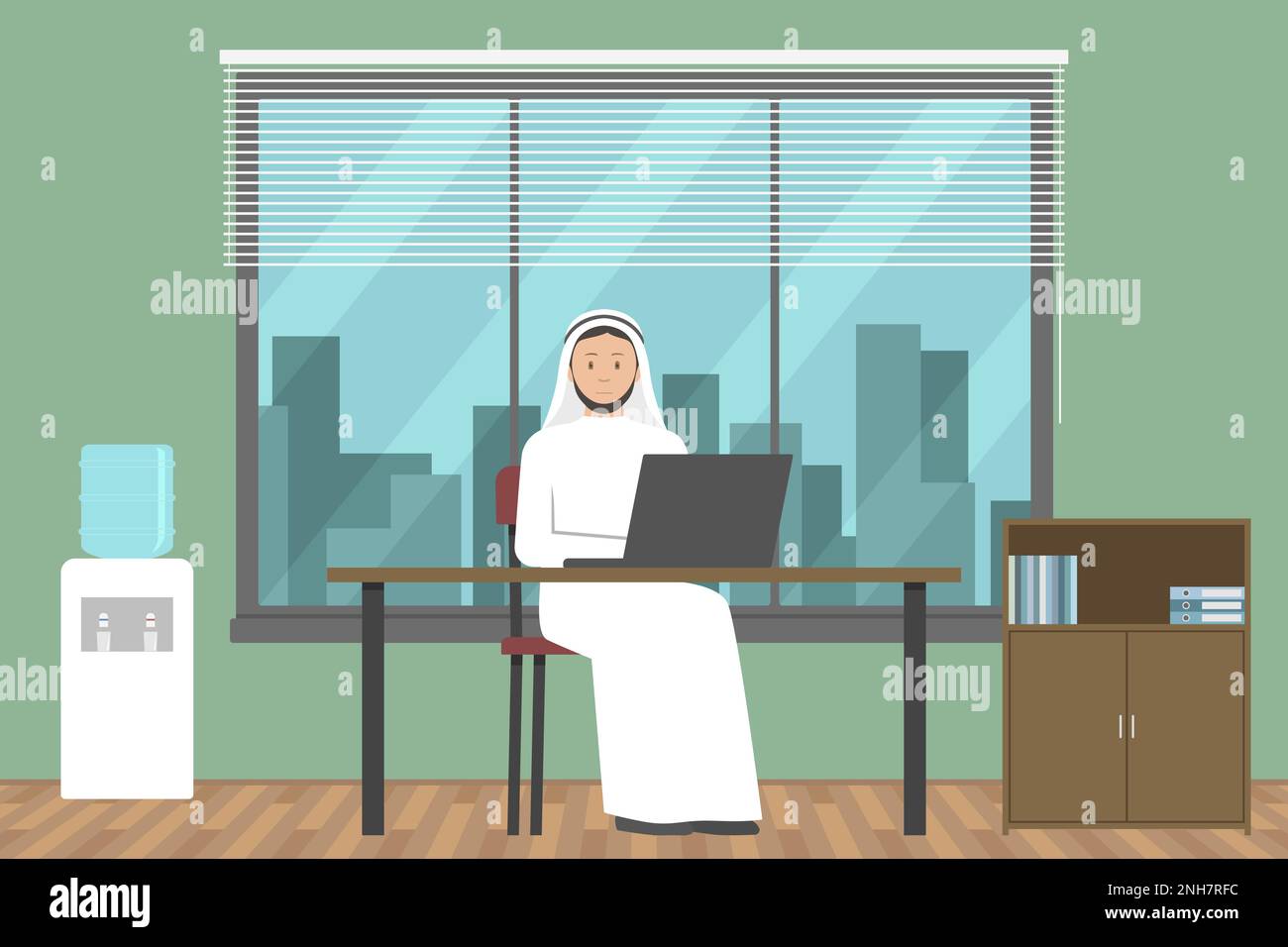Arabischer Geschäftsmann in weißer Kandura, der in seinem Büro arbeitet. Vektordarstellung. Stock Vektor