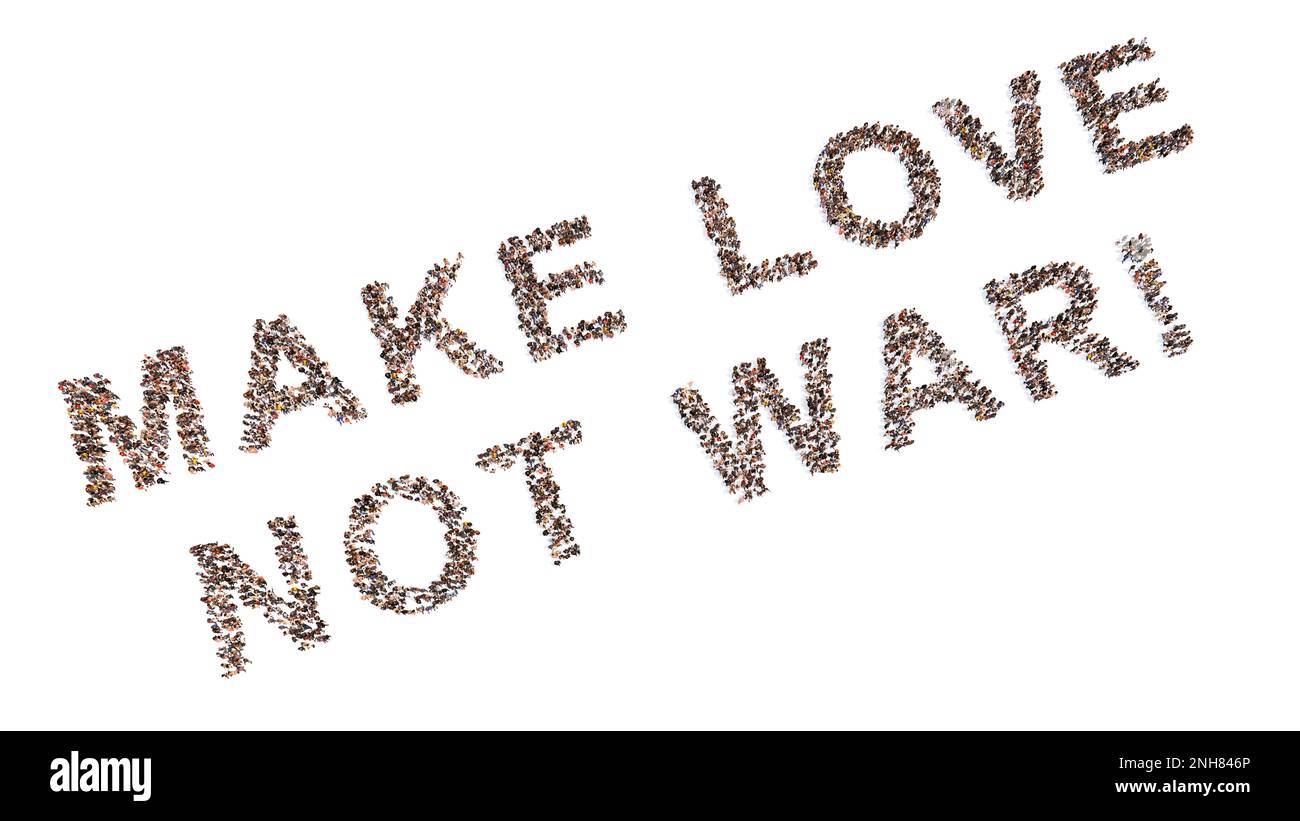 Konzept oder konzeptuelle große Gemeinschaft von Menschen bilden LIEBE NICHT KRIEG Botschaft. 3D Illustration Metapher für Freundschaft, gegenseitiges Verständnis Stockfoto