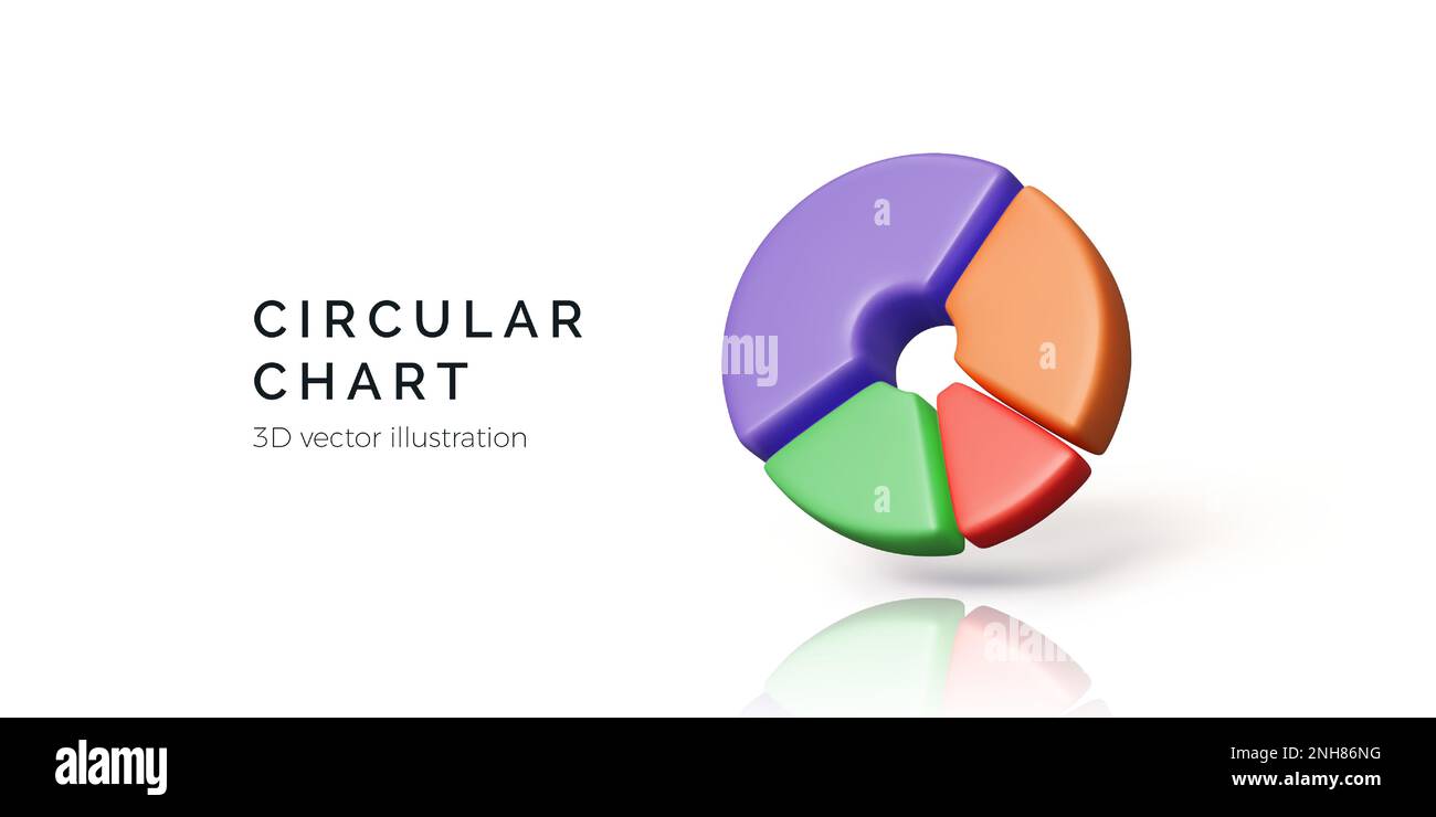 Tortendiagramm, unterteilt in Abschnitte. 3D-Darstellung eines Kreisdiagramms mit Reflexion und Schatten auf weißem Hintergrund isoliert. Datenvorlage für Infografiken. Ve Stock Vektor
