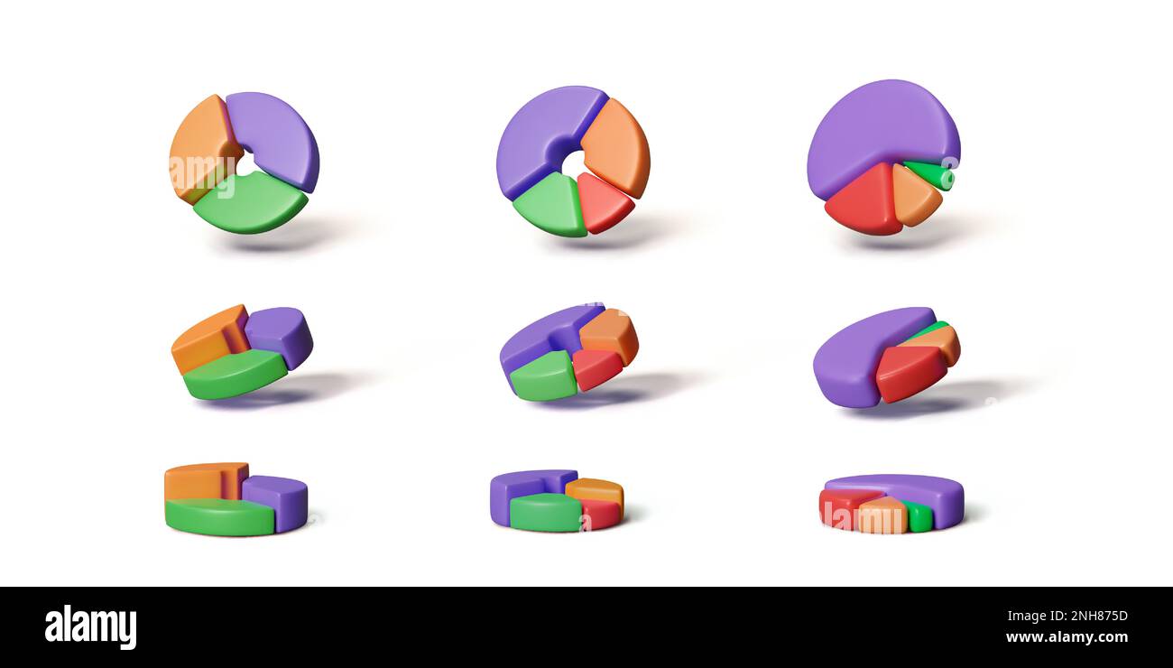 Set mit 3D Tortendiagrammen. Rundes Diagramm in Cartoon-realistischem Stil darstellen. Datendarstellung für Infografiken und Unternehmensstatistiken. Vektordarstellung Stock Vektor