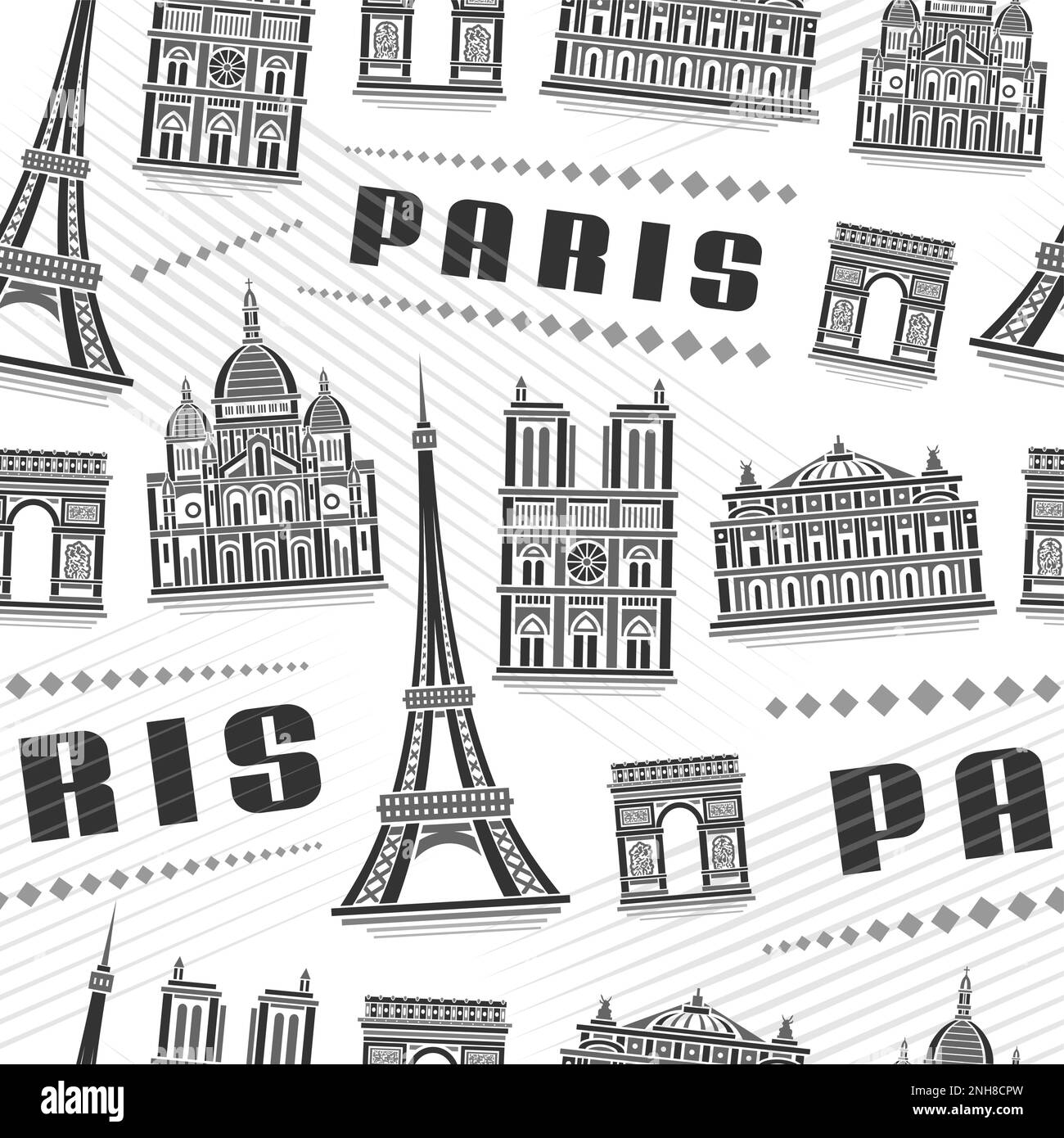 Vector Paris Seamless Pattern, quadratischer Wiederholungshintergrund mit Illustration der dekorativen pariser Stadtlandschaft auf weißem Hintergrund für Geschenkpapier, monoc Stock Vektor