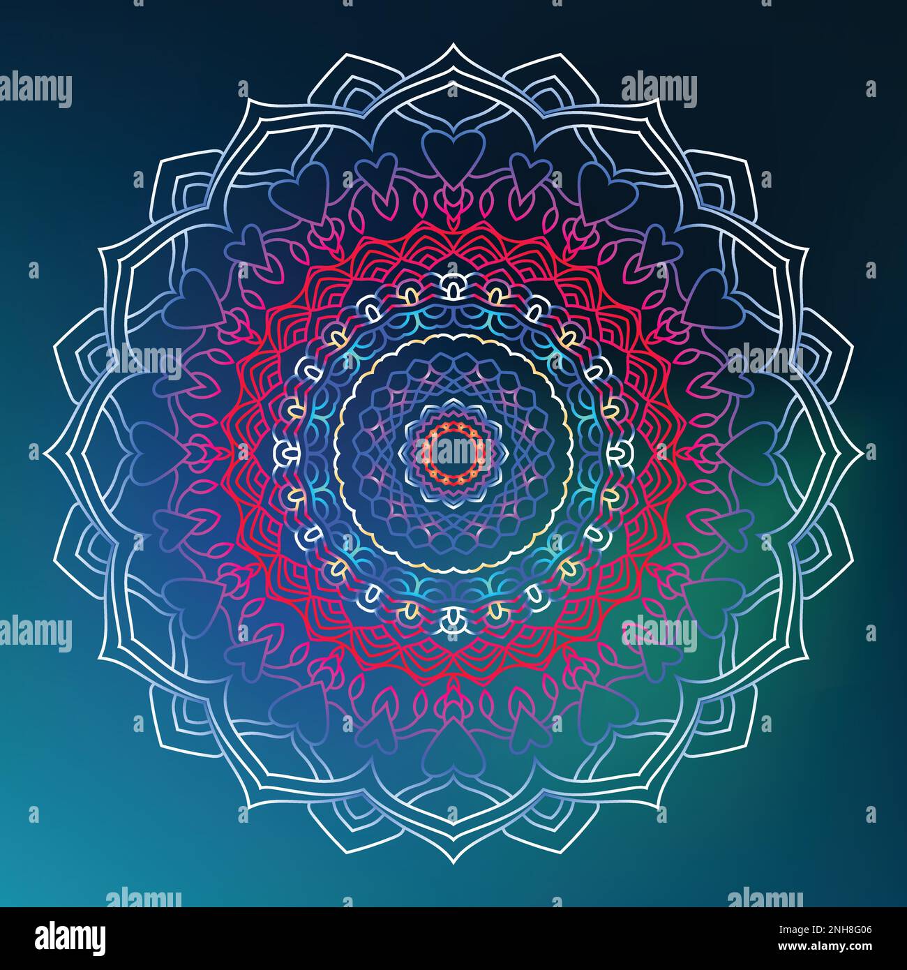 Rundes Gradientenmandala auf blau isoliertem Hintergrund. Ethnisches Mandala mit bunten Stammesschmuck Vector boho Mandala in Blau und Rot. Yoga tem Stock Vektor