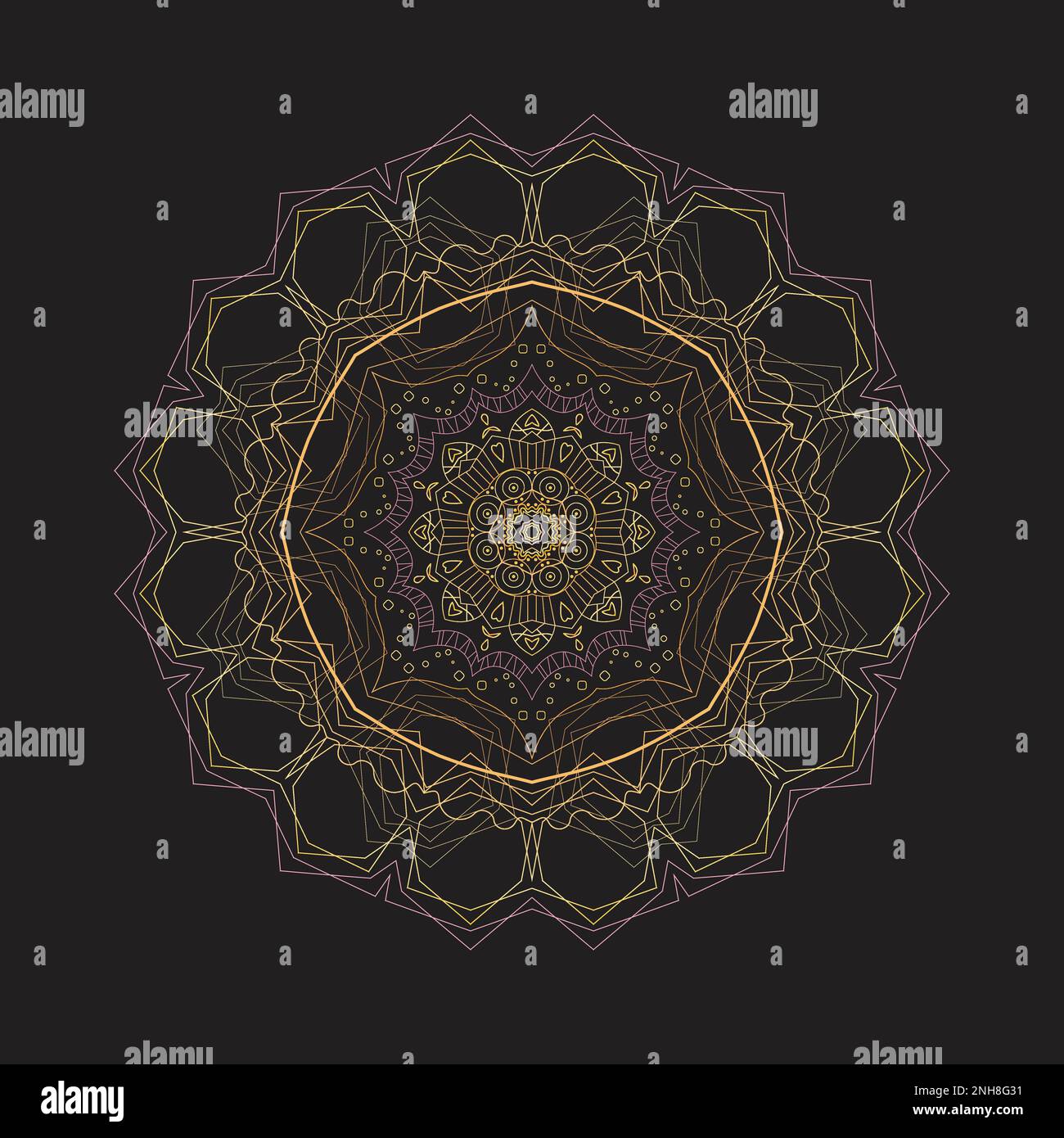 Rundes goldenes und rosafarbenes Mandala auf grauem isoliertem Hintergrund. Ethnisches Mandala mit bunten Stammesornamenten Vector-Boho-Mandala, Yoga-Vorlage Stock Vektor