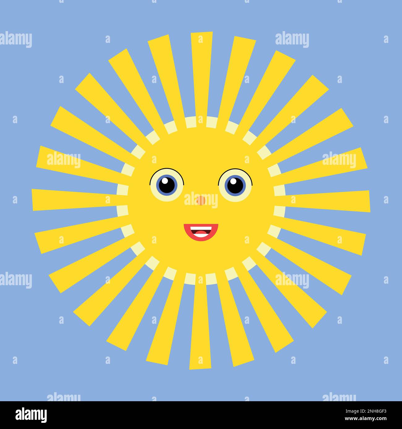 Darstellung des lustigen Sonnensymbols isoliert auf blauem Himmelshintergrund. Flacher Stil. Vector-Happy-Sun-Zeichentrickfilm-Illustration Stock Vektor
