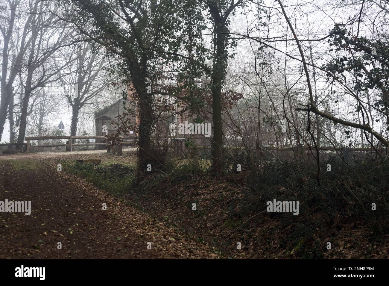 Eingangstor zu einem Park an einem nebligen Tag in der italienischen Landschaft im Winter Stockfoto