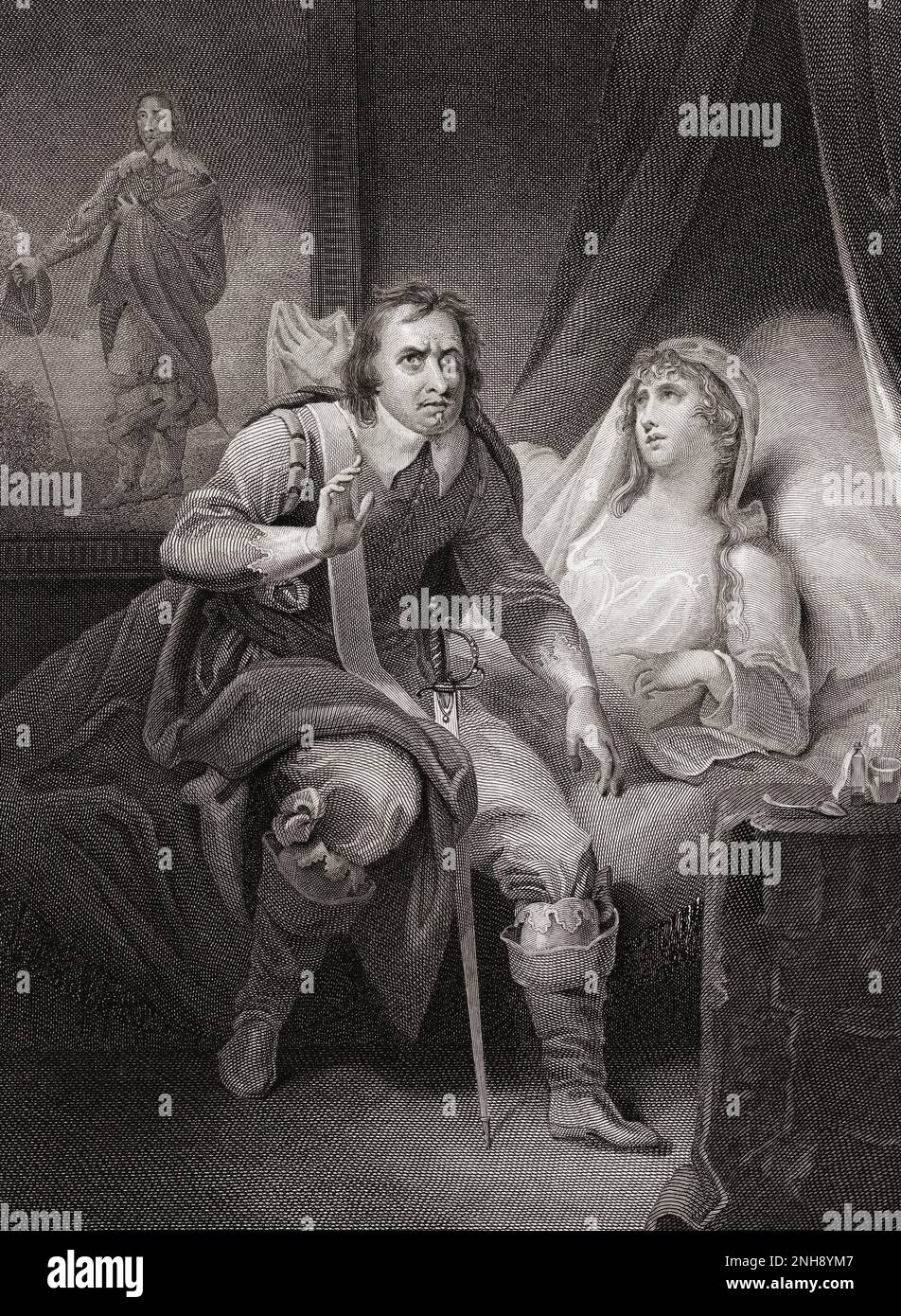Oliver Cromwells Tochter, Elizabeth Claypole, 1629 - 1658 Jahre alt, lag auf ihrem Krankenbett und flehte ihren Vater an, nachsichtig mit politischen Gegnern zu sein. Nach einem Abdruck von James Stow aus einem Werk von Henry Tresham, das ursprünglich in der historischen Galerie von Robert Bowyer, die zwischen 1793 und 1806 erschienen ist, zu sehen war. Stockfoto