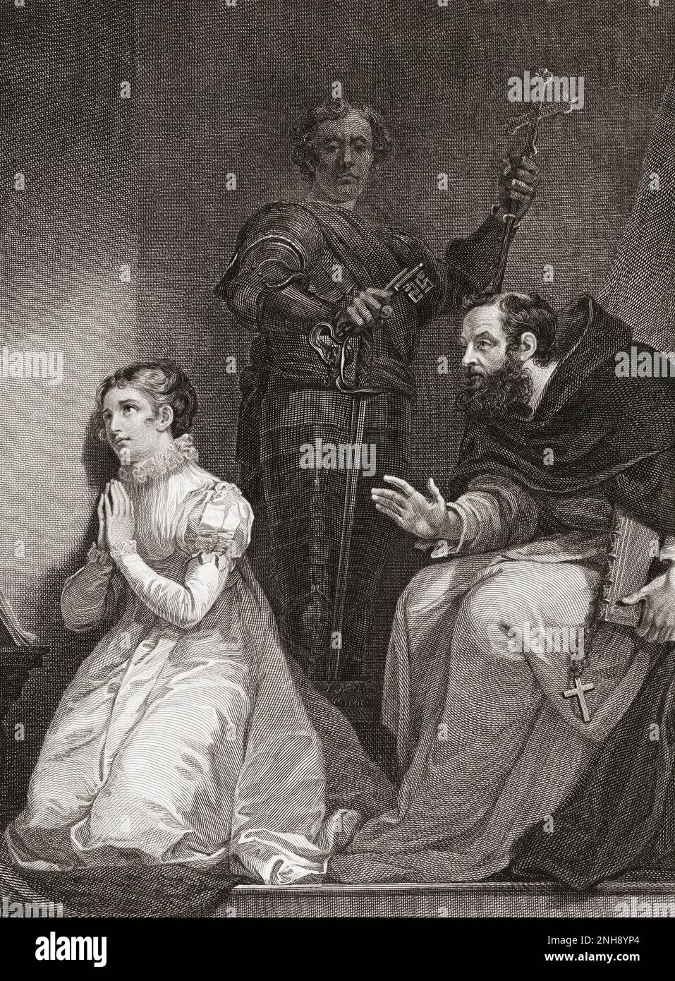 John Feckenham besucht Lady Jane Grey im Tower of London, um sie auf ihren Tod vorzubereiten. Nach einem Abdruck von William Bromley aus dem Werk von James Northcote, das ursprünglich in der Robert Bowyer's Historic Gallery, die zwischen 1793 und 1806 veröffentlicht wurde, zu sehen war. Stockfoto