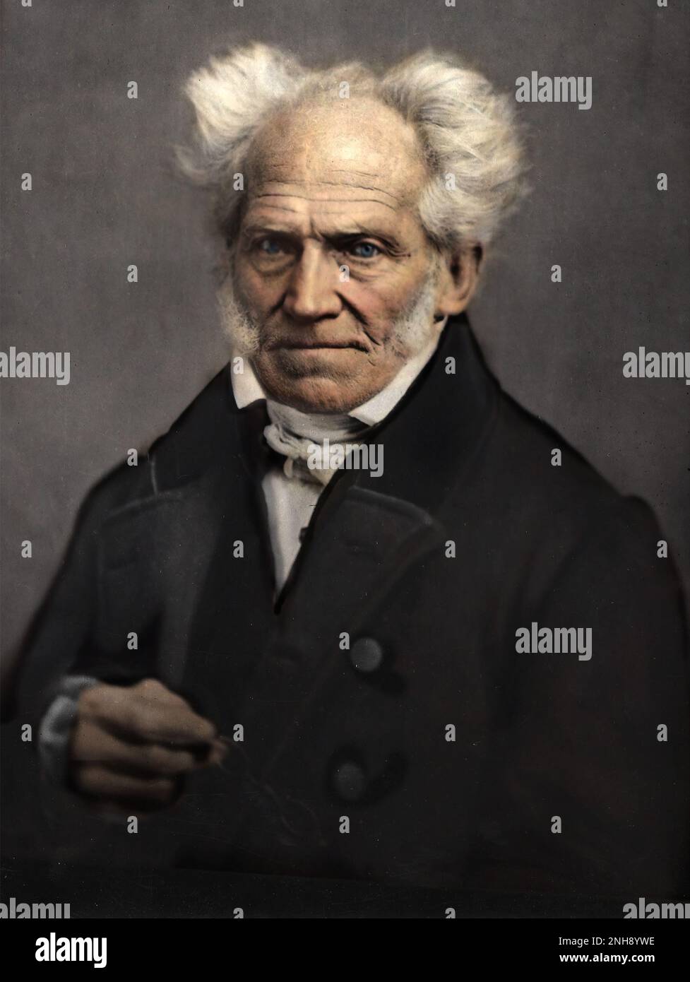 Arthur Schopenhauer (1788-1860), deutscher Philosoph, bekannt für seine Arbeit "die Welt als Wille und Repräsentation" aus dem Jahr 1818, die die phänomenale Welt als das Produkt eines blinden noumenalen Willens charakterisiert. Foto von Johann Sch√, 1859. Gefärbt. Stockfoto