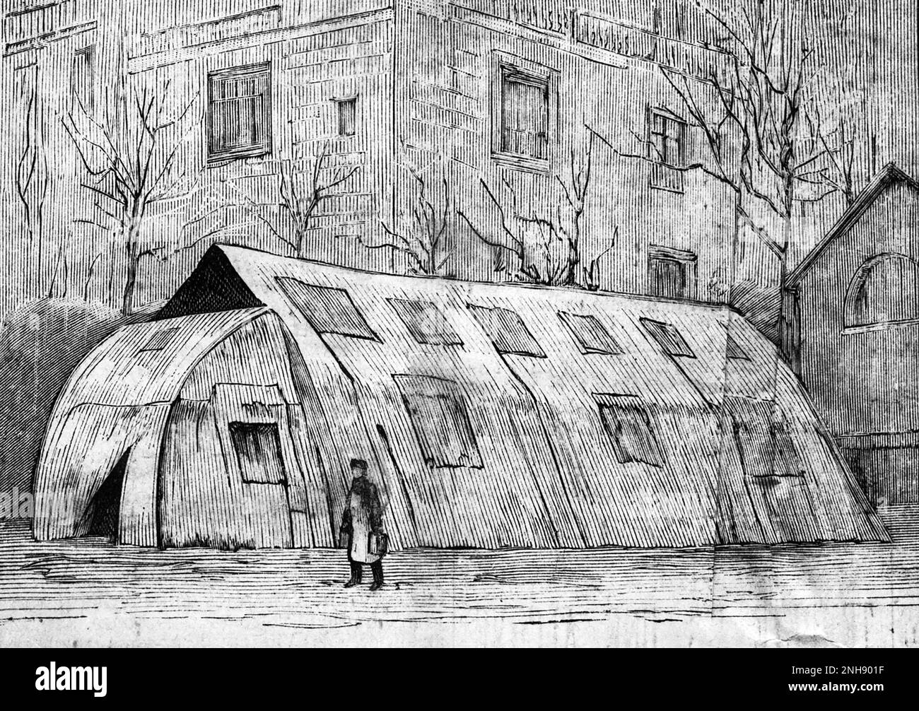 Abbildung zur Grippepandemie in Paris, auf dem Cover von Le Petit Parisien, Januar 1890: Das Äußere eines Spezialzelts, das als Station für Kranke im Innenhof des Krankenhauses errichtet wurde. Die Pandemie von 1889-1890, die oft als Russische Grippe bezeichnet wird, war eine der tödlichsten Pandemien der Geschichte und tötete eine Million Menschen. Stockfoto Abbildung zur Grippepandemie in Paris, auf dem Cover von Le Petit Parisien, Januar 1890: Das Äußere eines Spezialzelts, das als Station für Kranke im Innenhof des Krankenhauses errichtet wurde. Die Pandemie von 1889-1890, die oft als Russische Grippe bezeichnet wird, war eine der tödlichsten Pandemien der Geschichte und tötete eine Million Menschen. Stockfoto