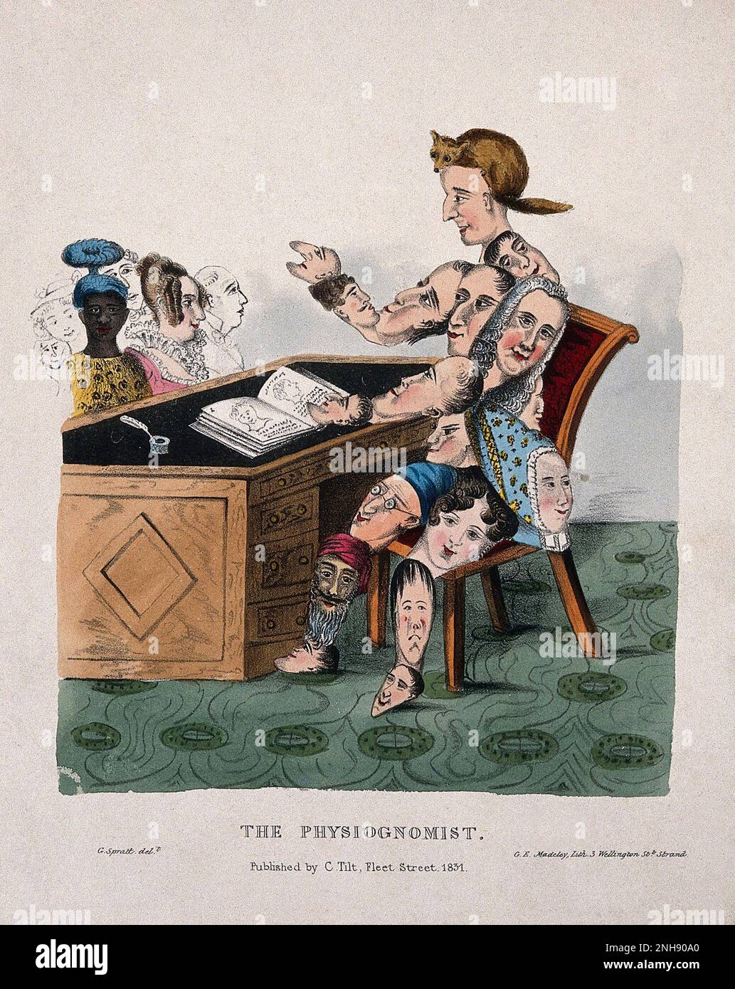Ein Physiognomist, dessen Körper komplett aus Gesichtern besteht, sitzt an einem Tisch und diagnostiziert die physiognomischen Eigenschaften der Menschen mit Hilfe eines Buches. Farbige Lithographie von G.E. Madeley nach George Spratt, 1831. Stockfoto