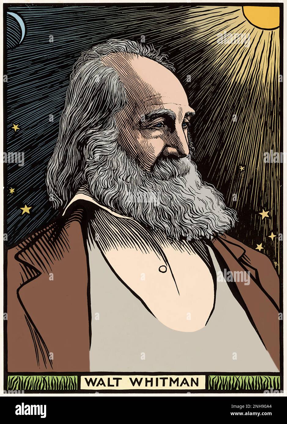 Walt Whitman (1819-1892), amerikanischer Dichter, Essayist und Journalist, berühmt für seine Poesie-Sammlung „Leaves of Grass“ von 1855. Holzschnitt von Robert Bryden (1865-1939), einem schottischen Künstler und Bildhauer, aus dem Jahr 1899. Gefärbt. Stockfoto