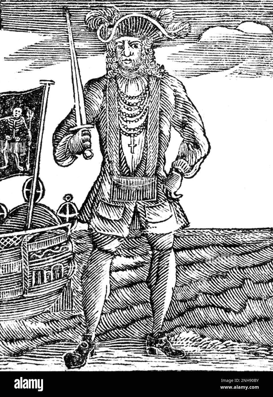Bartholomew Roberts (1682-1722), geboren John Roberts, war ein walisischer Pirat und der erfolgreichste Pirat des Goldenen Zeitalters der Piraterie, gemessen an gefangenen Schiffen. Illustration aus „die Geschichte und das Leben der berüchtigtsten Piraten und ihrer Crews“, 1725. Stockfoto