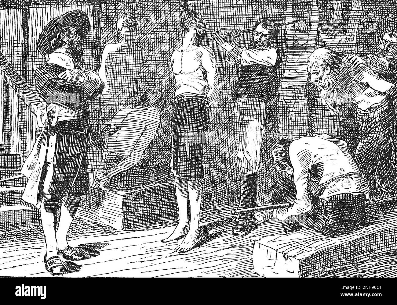 Pirat Henry Morgan foltert Gefangene. Sir Henry Morgan (1635-1688) war ein walisischer Freibeuter, Plantagenbesitzer und später Vizegouverneur von Jamaika. Illustration von John Abbott, 1874. Stockfoto