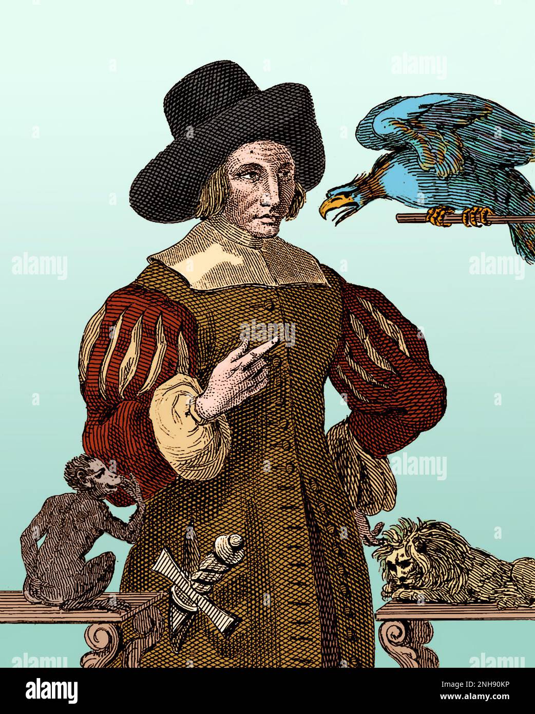 Mary Frith (ca. 1584-1659), auch bekannt als Moll (oder Mal) Cutpurse, war eine berüchtigte Taschendiebin und Zaun der Londoner Unterwelt. Sie trug Männerkleidung, behielt Papageien, züchtete Mastiffs und war die erste englische Frau, die bekannt war, zu rauchen. Mehrere Stücke über sie wurden zu ihrem Leben geschrieben. Das Leben von Mrs. Mary Frith, eine sensationalisierte Biografie, die drei Jahre nach ihrem Tod geschrieben wurde, half, sie zu mythologisieren. Aus der „Sammlung von 400 Porträts bemerkenswerter, exzentrischer und berüchtigter Persönlichkeiten“, ca. 1880. Gefärbt. Stockfoto