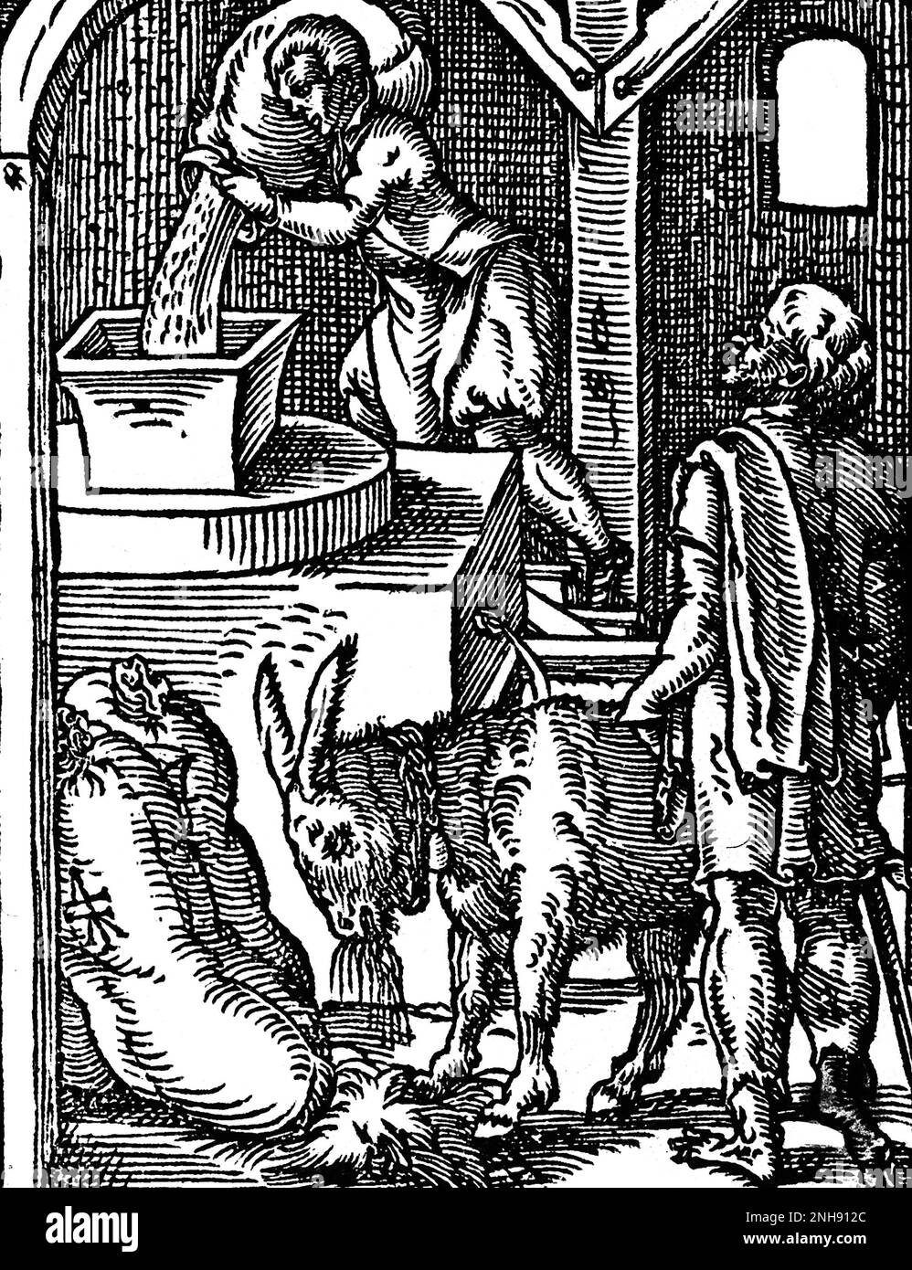 Ein Müller schüttet Getreide in eine Mühle aus einem Sack, der von einem Esel gebracht wurde. Illustration aus Jost Ammans Handwerksbuch, 1568. Stockfoto