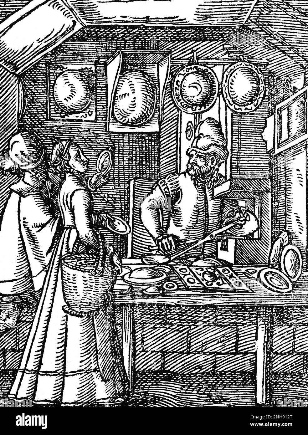 Ein Spiegelmacher in seiner Werkstatt, mit konvexen Spiegeln und zwei Kunden, die Handspiegel ausprobieren. Woodcut aus Jost Ammans Handelsbuch, 1568. Stockfoto