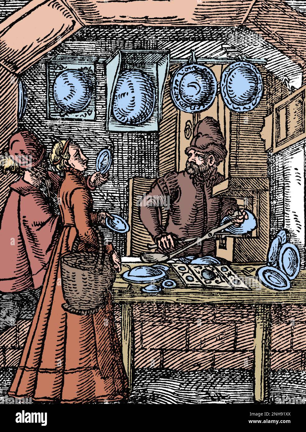 Ein Spiegelmacher in seiner Werkstatt, mit konvexen Spiegeln und zwei Kunden, die Handspiegel ausprobieren. Woodcut aus Jost Ammans Handelsbuch, 1568. Gefärbt. Stockfoto