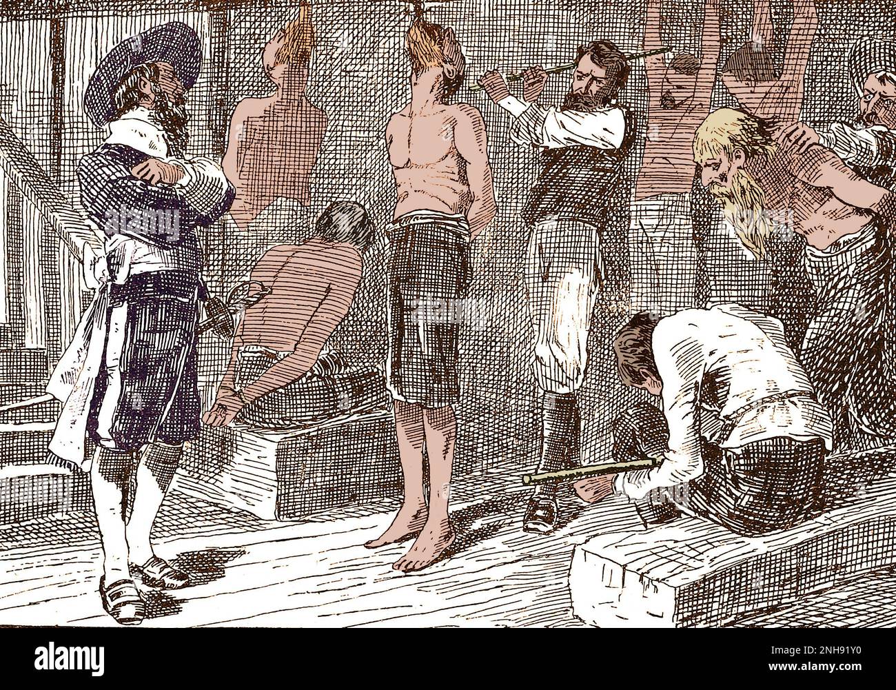 Pirat Henry Morgan foltert Gefangene. Sir Henry Morgan (1635-1688) war ein walisischer Freibeuter, Plantagenbesitzer und später Vizegouverneur von Jamaika. Illustration von John Abbott, 1874. Gefärbt. Stockfoto
