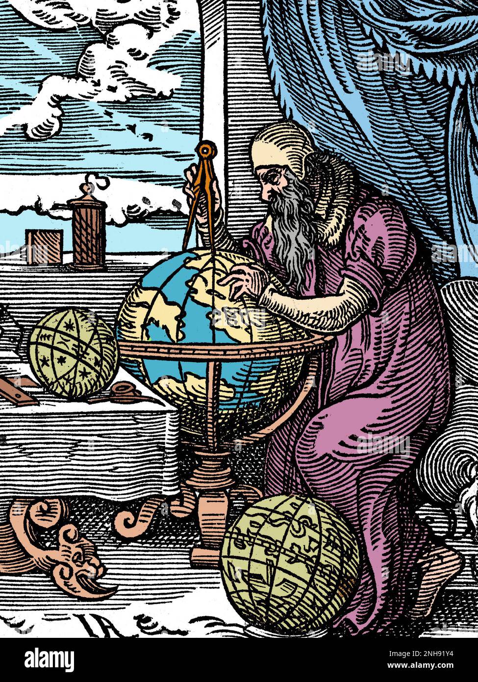 Ein Astronomer und Astrologe in seinem Arbeitszimmer, der mit einem Paar Trennwänden Punkte auf einem Globus aufzeigt. Woodcut aus Jost Ammans Handelsbuch, 1568. Gefärbt. Stockfoto