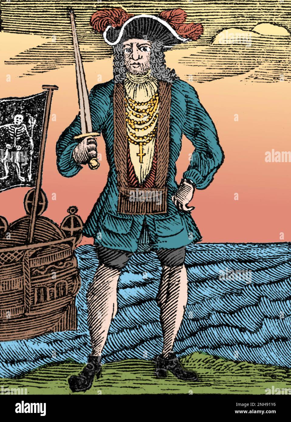 Bartholomew Roberts (1682-1722), geboren John Roberts, war ein walisischer Pirat und der erfolgreichste Pirat des Goldenen Zeitalters der Piraterie, gemessen an gefangenen Schiffen. Illustration aus „die Geschichte und das Leben der berüchtigtsten Piraten und ihrer Crews“, 1725. Gefärbt. Stockfoto