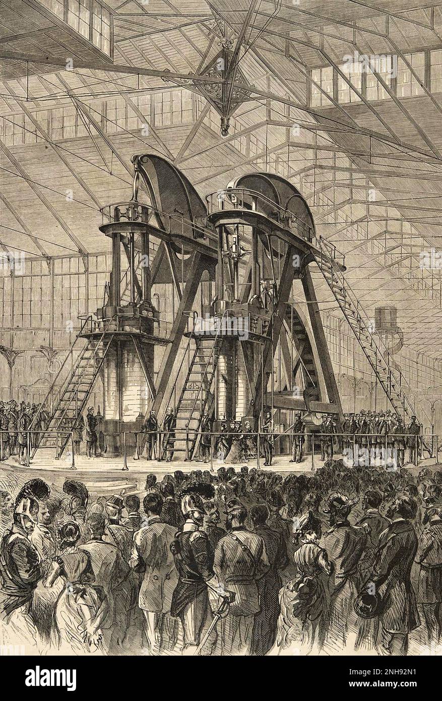 Präsident Ulysses S. Grant und Kaiser Pedro II. Von Brasilien starten die Centennial Engine von Corliss bei der Eröffnungszeremonie der Centennial Exposition in Philadelphia, 1876. Die Corliss Dampflok wurde nach dem amerikanischen Ingenieur George Henry Corliss benannt, der 1849 das effiziente Ventilgetriebe erfand, das sie verwendete. Gravur aus Harper's Weekly, 27. Mai 1876, von einer Skizze von Theodore R. Davis. Stockfoto