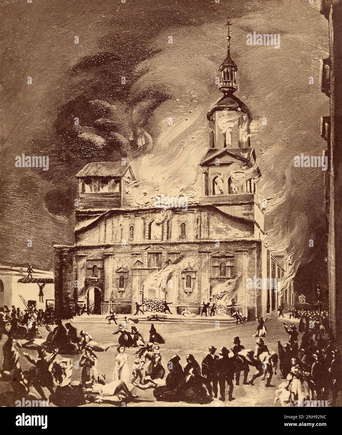 Die Kirche der Gesellschaft feuert am 8. Dezember 1863 in Santiago, Chile. Zwischen 2.000 und 3.000 Menschen waren in der Kirche gefangen und starben, einer der größten und tödlichsten versehentlichen Gebäudebrände der Geschichte. Stockfoto
