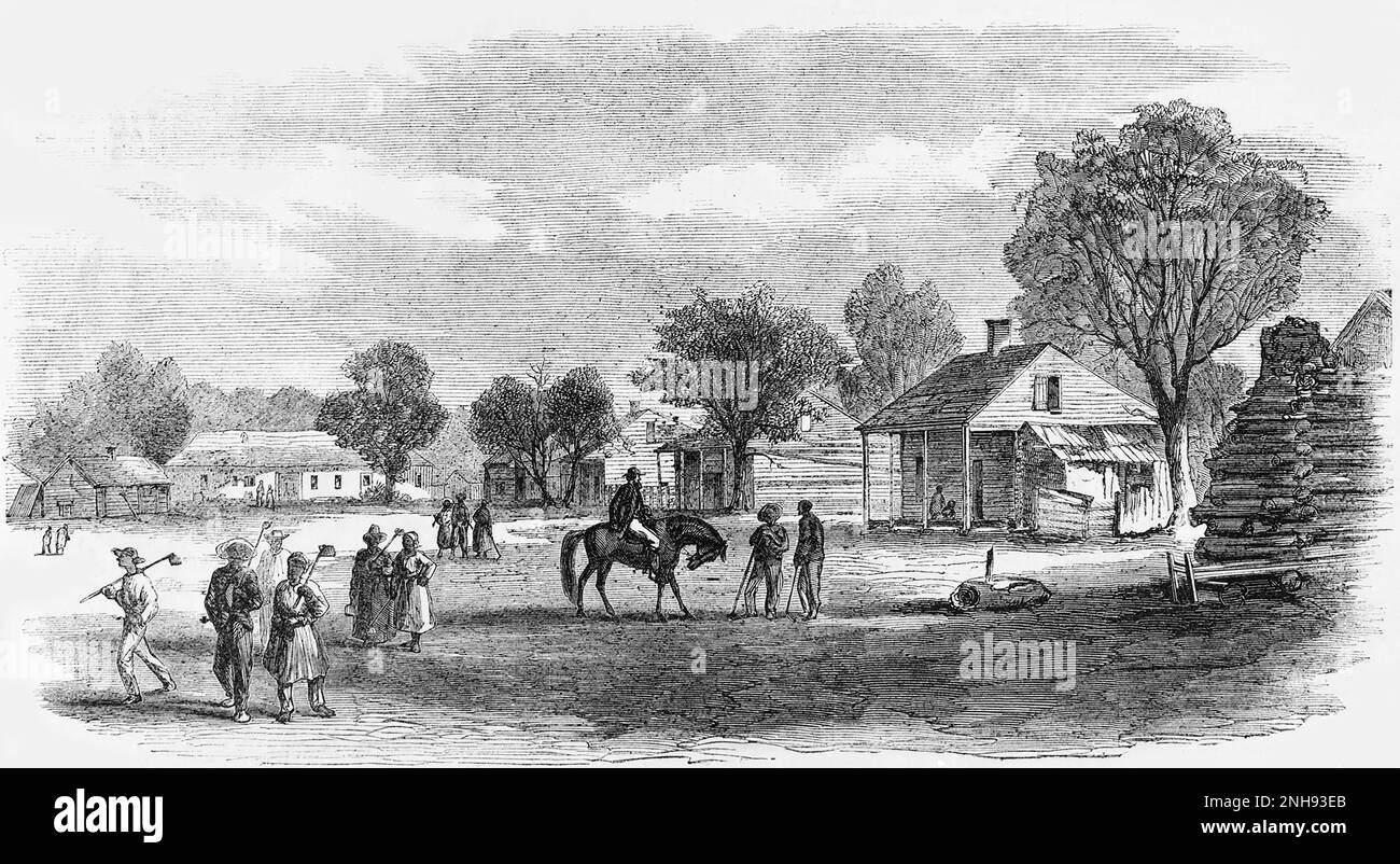 Ehemalige Sklavenunterkünfte auf Jefferson Davis' Plantage. Illustration von Alfred R. Waud, Harper's Weekly, 15. September 1866. Stockfoto