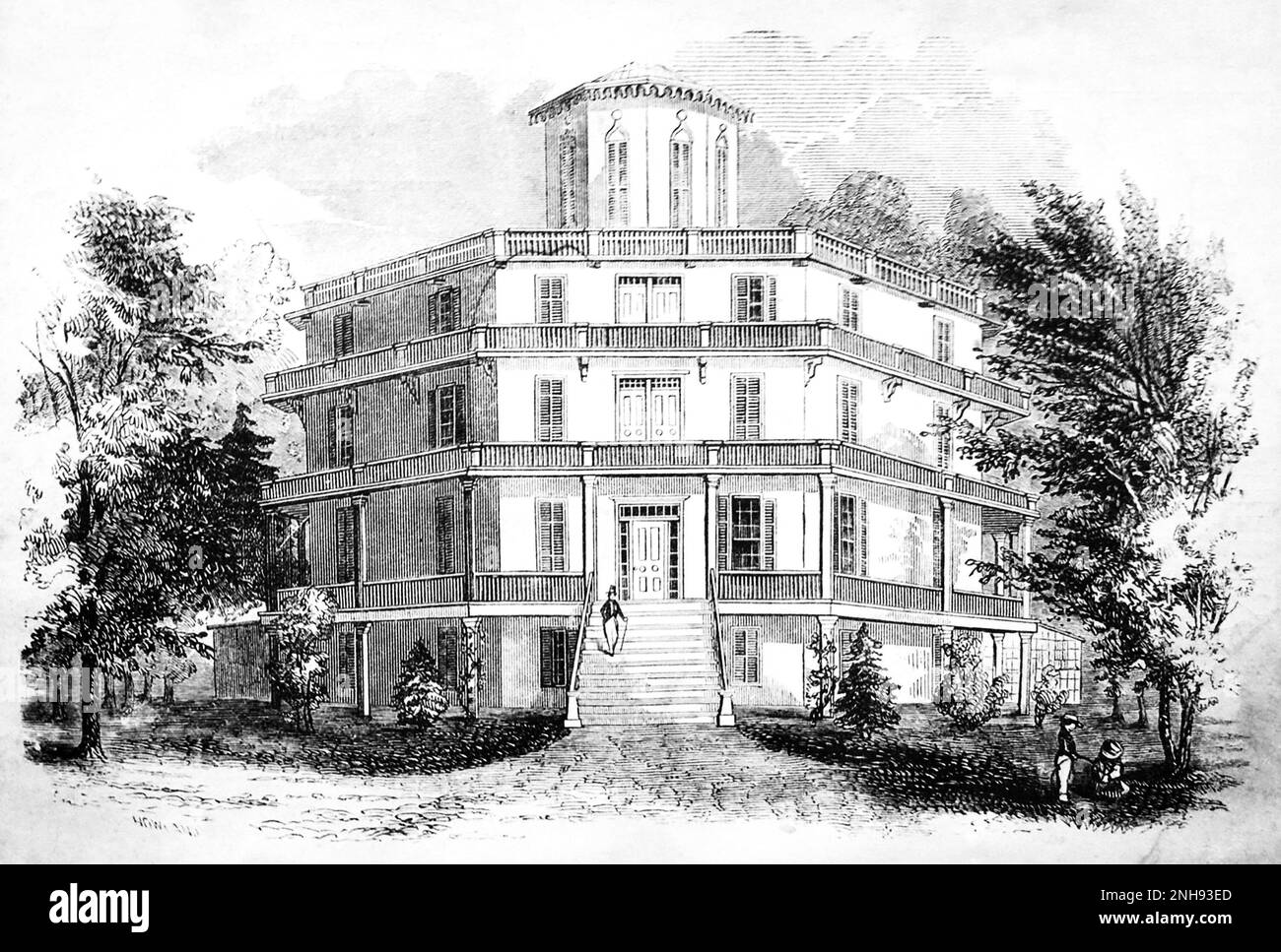 Lithographie der Fowler Octagonal Mansion in Fishkill, New York, 1854. Orson Squire Fowler (180-1887) machte das achteckige Haus Mitte des 19. Jahrhunderts populär. Stockfoto