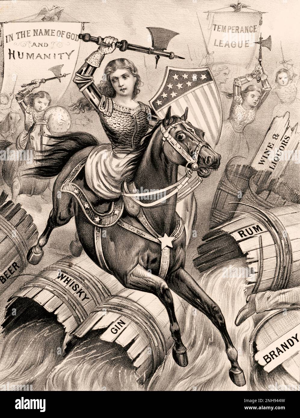 Der heilige Krieg der Frau. Grand Charge on the Enemy's Works, Currier & Ives, c. 1874. Der "Heilige Krieg" war der Kreuzzug für Mäßigung und Prohibition im 19. Jahrhundert, dessen Befürworter überwiegend Geistliche und Frauen waren. Stockfoto