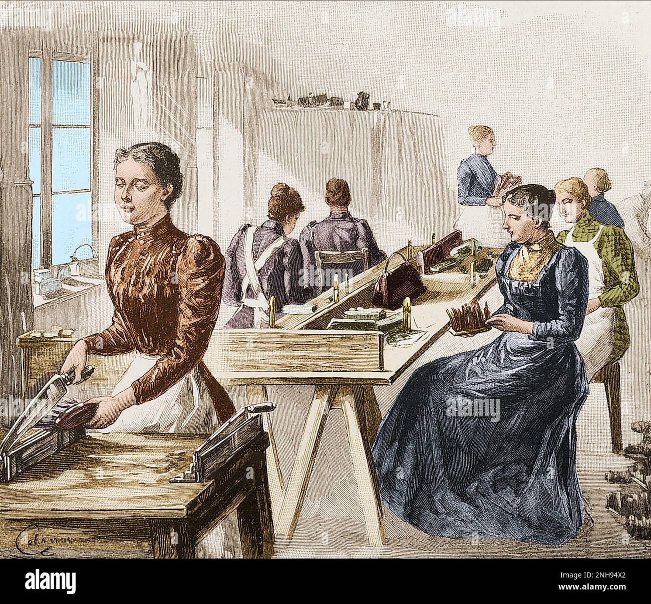 Blinde Frauen machen Stiefel in einer Blindenschule im 19. Jahrhundert. Valentin Hauy (1745-1822) gründete 1785 in Paris die erste Blindenschule, die Louis Braille 1819 besuchte. Andere Blindenschulen folgten seinem Modell. Gefärbt. Stockfoto