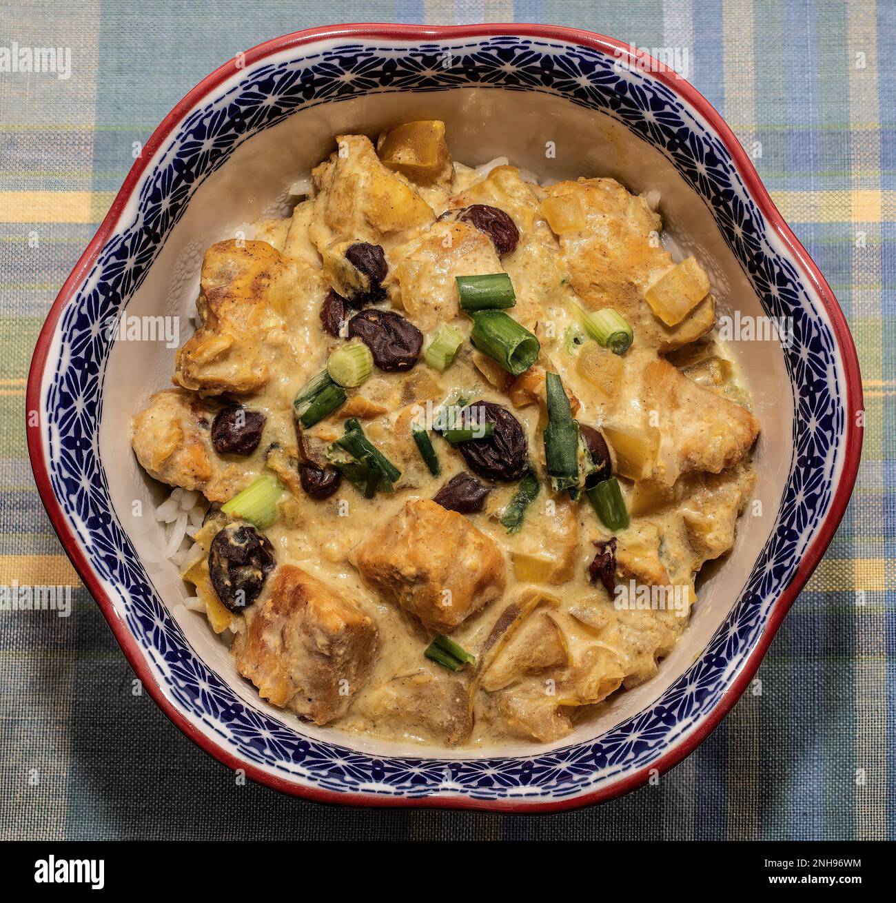 Hähnchen-Curry mit saurer Sahne Sauce, Äpfeln, Rosinen und grünen Zwiebeln über Jasminreis in einer hübschen rot-blauen Schüssel über einem blau karierten Tischtuch. Stockfoto