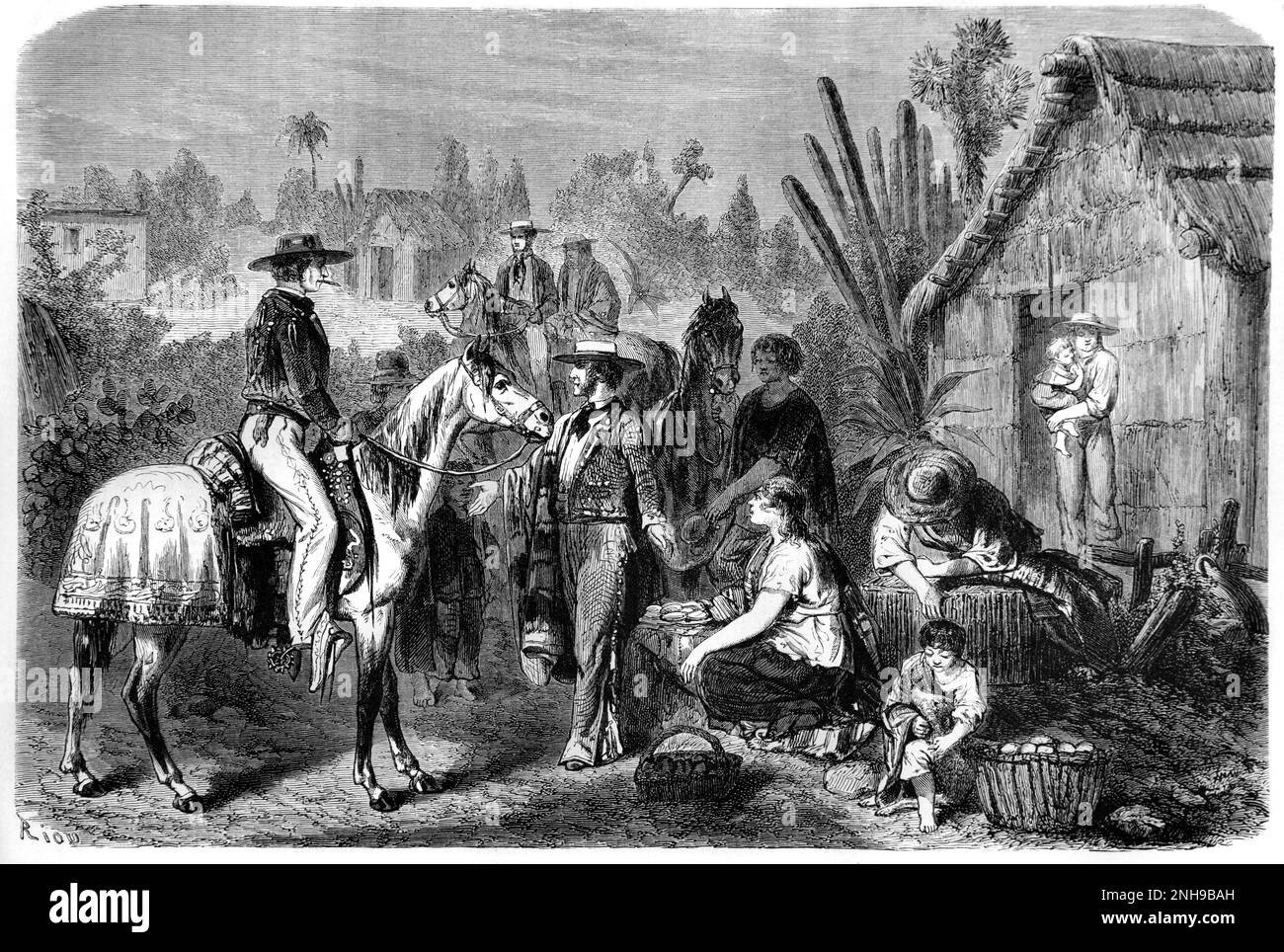 Charros, Reiter, Reiter oder Reisende Pause in einem Travellers Halt, Wayside Inn oder Hostelry in Mexiko. Vintage-Gravur oder Abbildung 1862 Stockfoto Charros, Reiter, Reiter oder Reisende Pause in einem Travellers Halt, Wayside Inn oder Hostelry in Mexiko. Vintage-Gravur oder Abbildung 1862 Stockfoto