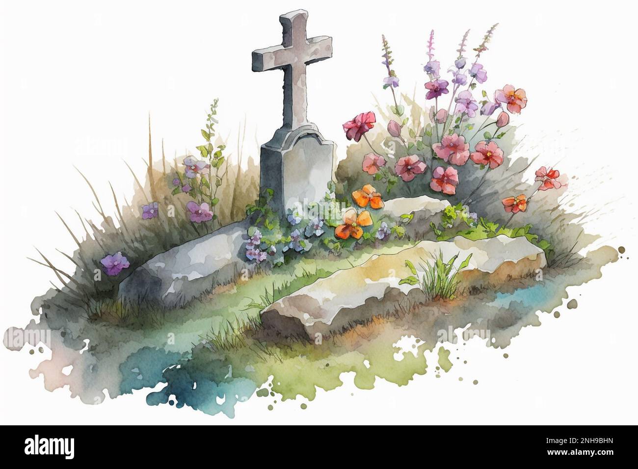 Aquarellgemälde eines friedlichen Grabes mit christlichem Kreuz und bunten Blumen. Generative KI. Stockfoto