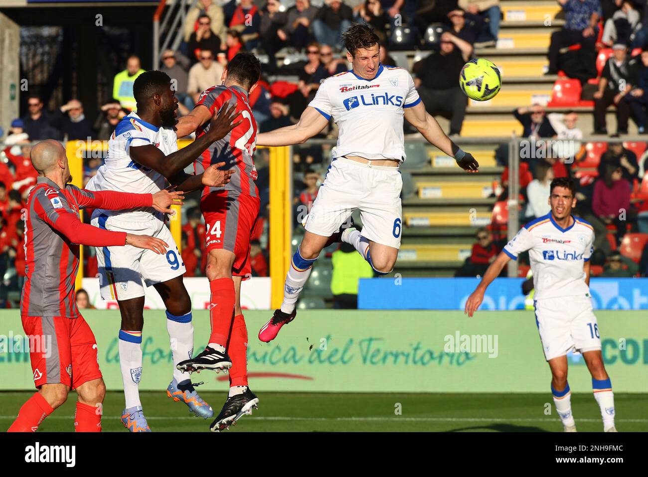 Lecce's Federico Baschirotto scores during the Serie A soccer match