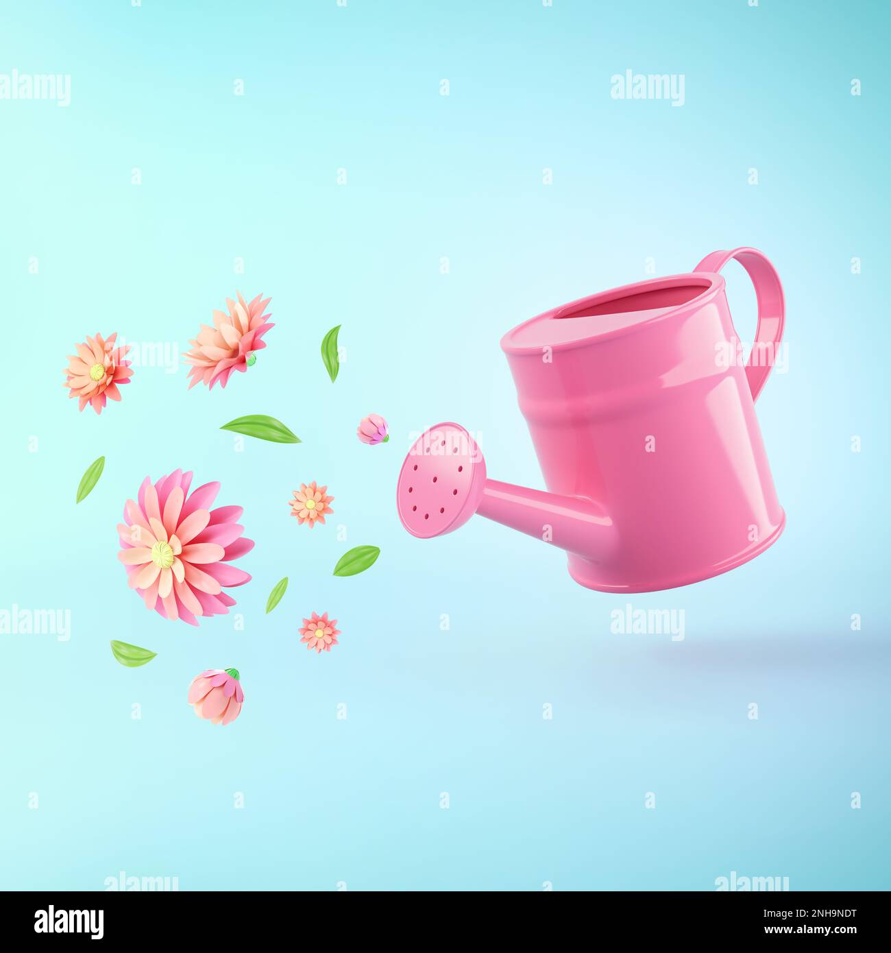 Pinke Wasserdose mit bunten Sommerblumen und grünen Blättern vor pastellblauem Hintergrund. Werbeidee. Minimales Naturkonzept. 3D-Rendern Stockfoto