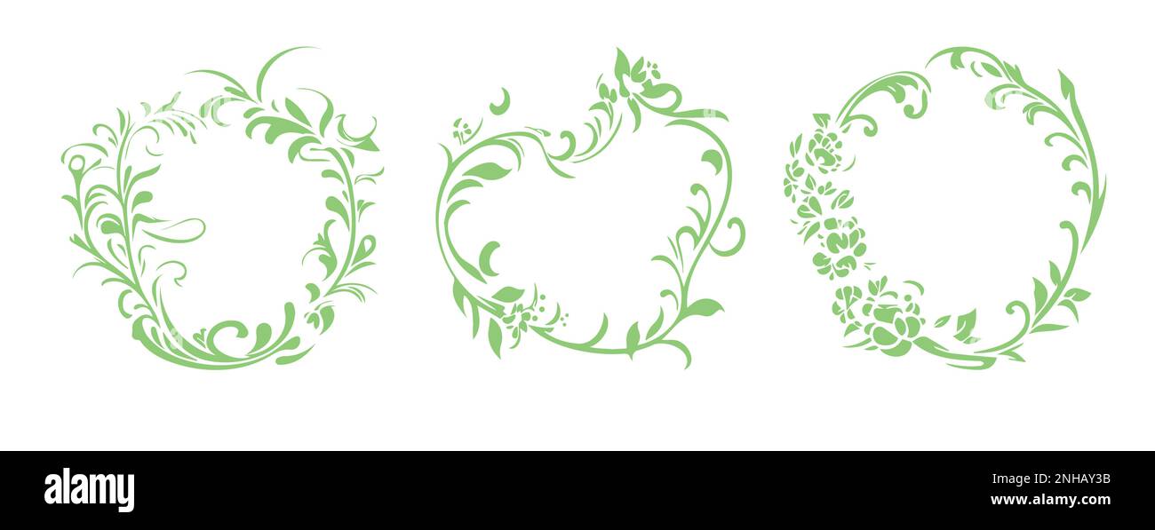 Geblümte Rahmenkollektion mit Retro-grünen Kräuterelementen. Frühlingsset mit runden Blättern, Einladungsetikett. Stock Vektor