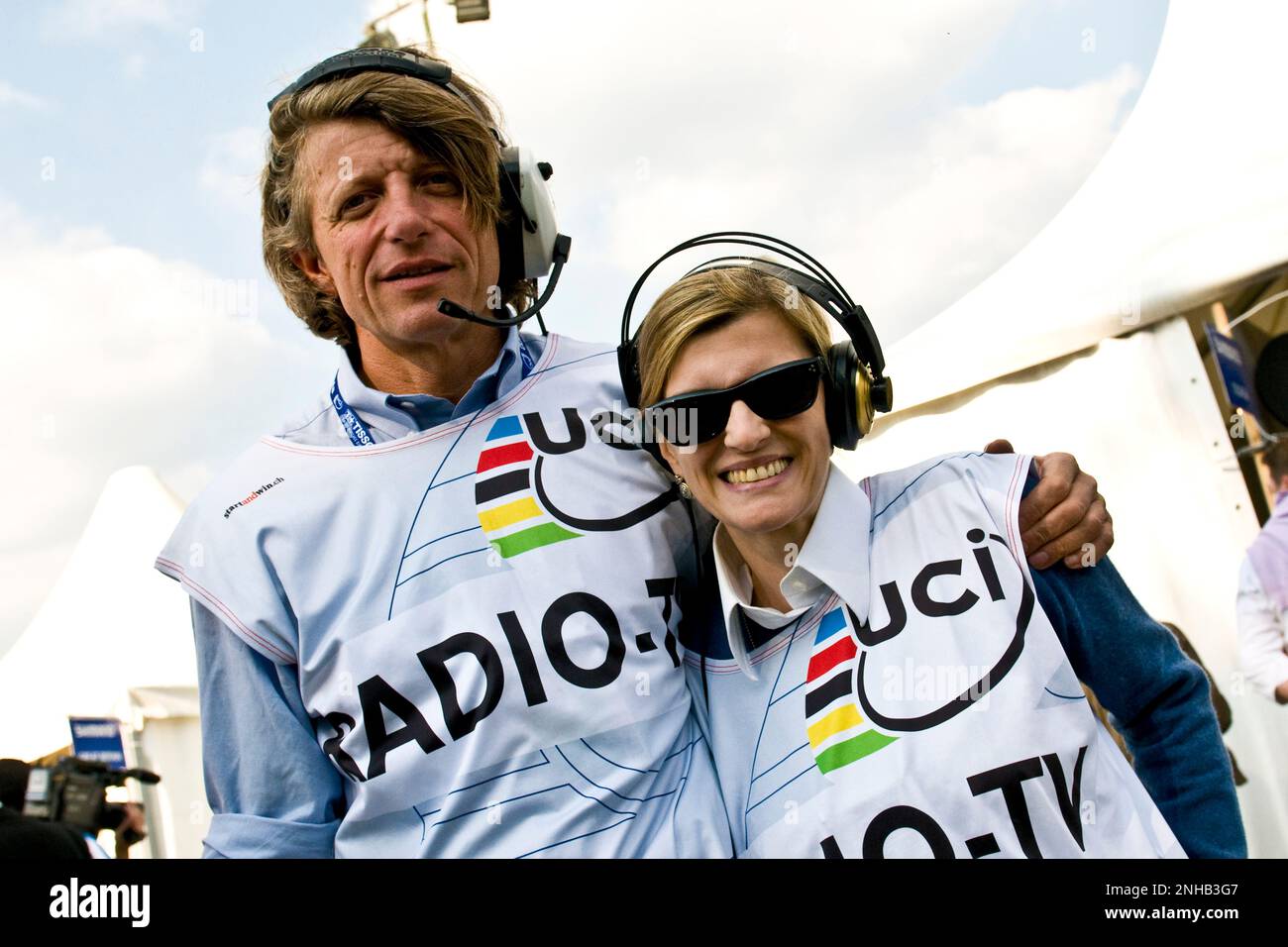 alessandra de stefano col proprio cameramen, mondiali di ciclismo su strada, verese 2008 Stockfoto