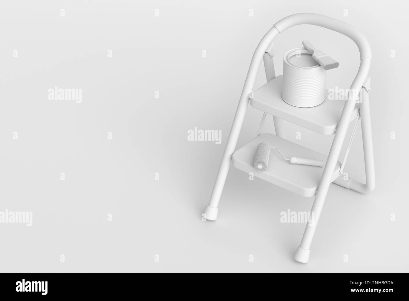 Set aus Metalldosen oder -Eimern mit Malerwalze, Pinsel und Klappleiter zum Streichen von Wänden auf einfarbigem Hintergrund. 3D renovierte Apartments Stockfoto