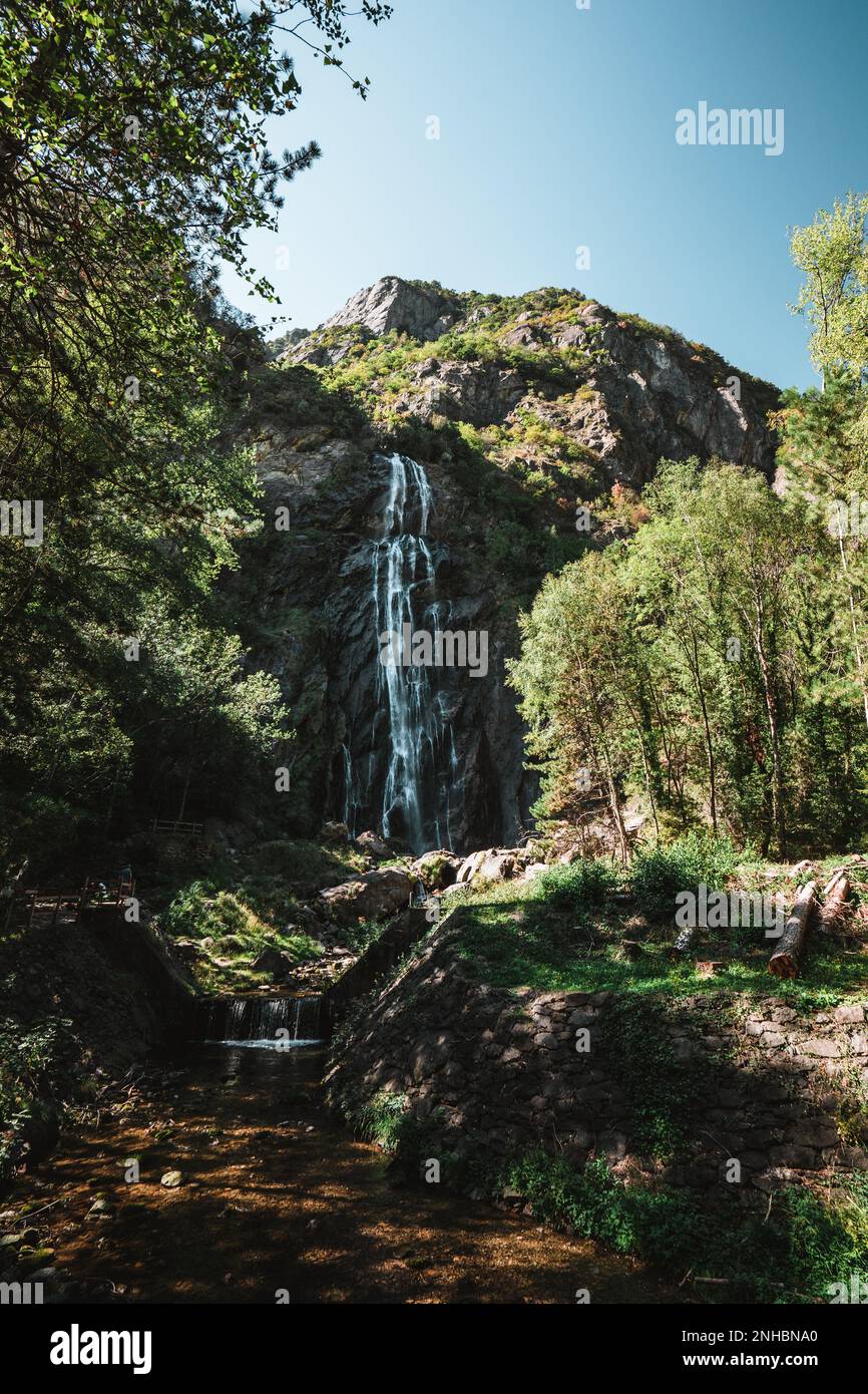 Majestätischer Wasserfall, umgeben von Bäumen in den Alpen Stockfoto