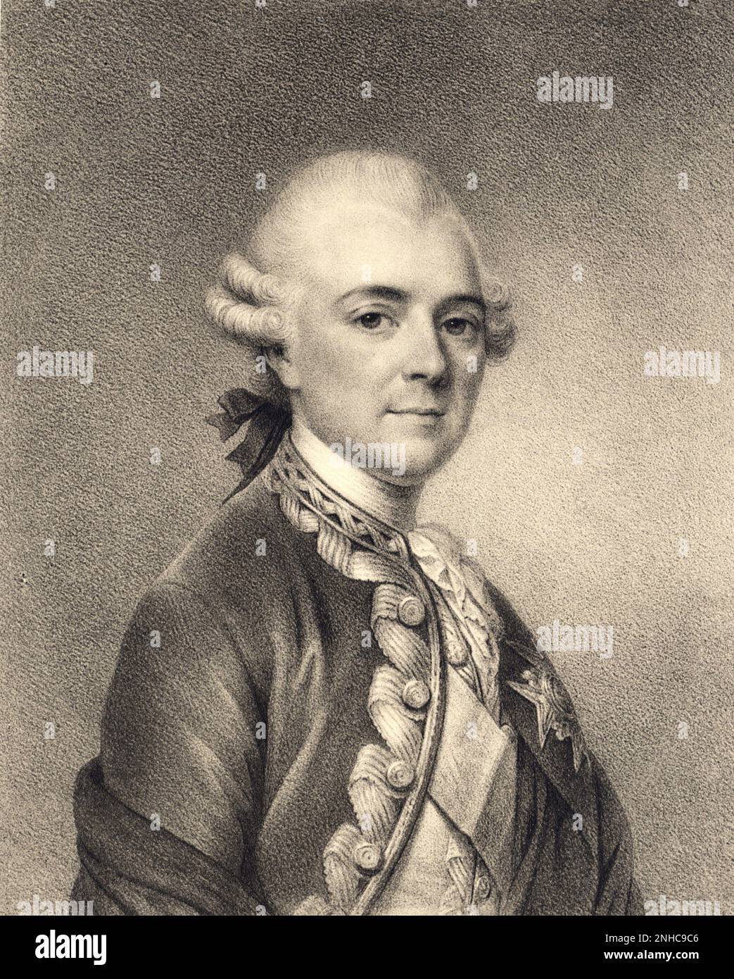 Der französische Adelspolitiker und Mahnmal VICTOR Maurice de RIQUET Count DE CARAMAN ( 1727 - 1806 ), Maréchal de Camp, comte d' Auvergne , Leutnant Général du King Ludwig XVI. Von 1787 zum Oberbefehlshaber der königlichen Regimente ernannt, die in der Provence stationiert sind. Designer des königlichen Gartens von Trianon für die französische Königin Marie Antoinette . Verheiratet am Tag des 26. oktober 1750 mit der Prinzesse de CHIMAY von Anne-Gabrielle d'Alsace . Vater von Francois-Joseph-Philippe de Riquet Prince de CARAMAN CHIMAY , der von Napoléon Bonaparte den Titel Chefkoch di COHORTE - GESCHICHTE - FOTO STORICHE - Rituto - Portrait erhält Stockfoto