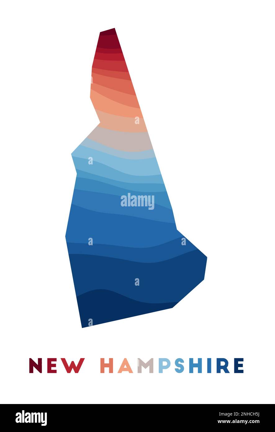 Karte von New Hampshire. Karte des US-Bundesstaates mit wunderschönen geometrischen Wellen in rot-blauen Farben. Lebendige New Hampshire-Form. Vektordarstellung. Stock Vektor