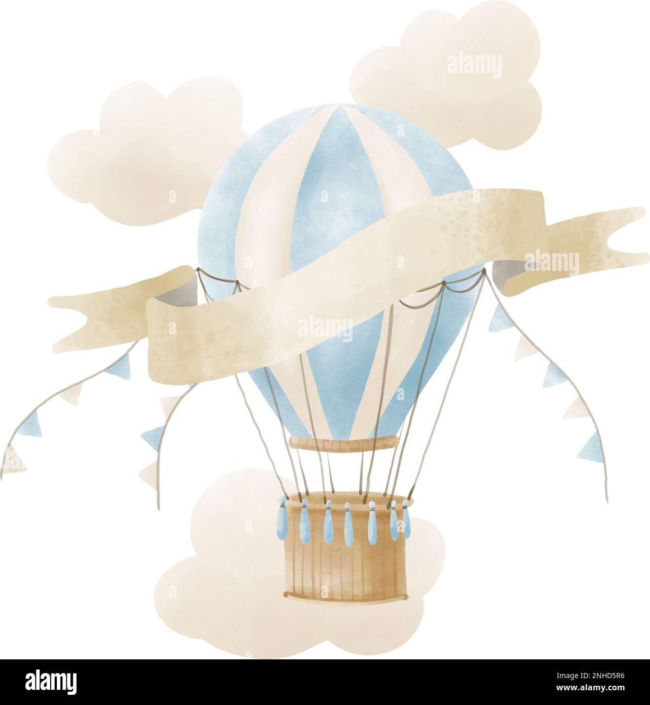 Aquarell Heißluftballon mit Wolken und Platz für Text. Handgezeichnete Baby-Illustration eines Oldtimer-Flugzeugs in Pastelltönen auf isoliertem Hintergrund. Niedliche Zeichnung für die Babyparty oder den Geburtstag eines Kindes. Stockfoto