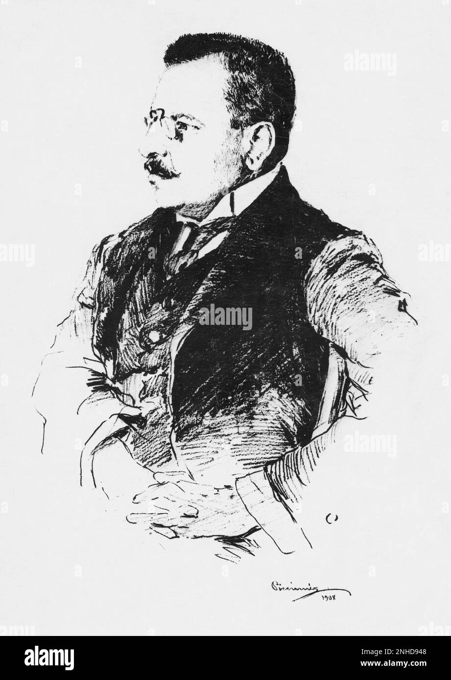 1908 : der gefeierte italienische Philosoph , Historiker und Literaturleser BENEDETTO CROCE ( Pescasseroli 1866 - Napoli 1952 ) . Portrait von Maler Piccinni - PHILOSOPHIE - STORICO - STORIA - GESCHICHTE - LETTERATURA - LETTERATO - UMANISTA - CRITICAL LETTERARIO - SCRITTORE - WRITER - studioso - ANTIFASCISTA - FASCHIST - ANTIFASCHIST - FASCHISMUS - ESTETICA - FILOSOFIA - FILOSOFO - AZETICS - AZINICS - Pincenez - profilo - Profil - Baffi - Schnurrbart --- Archivio GBB Stockfoto